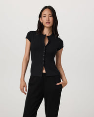 Short Sleeve Pose Button Up Women's Black Crewneck| Vuori | Vuori Clothing
