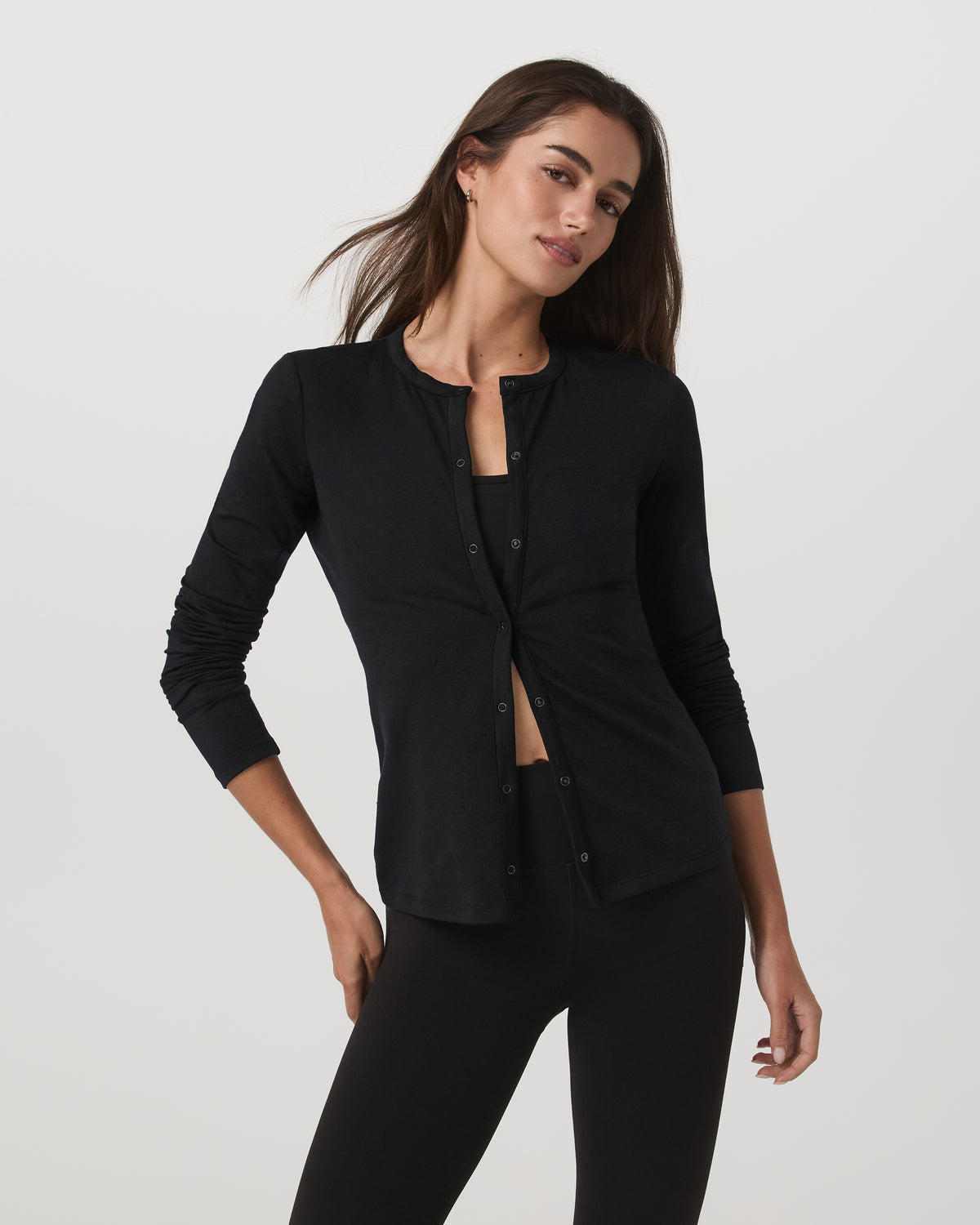 Women's Long Sleeve Halo Snap Cardigan Black Heather | Vuori Online