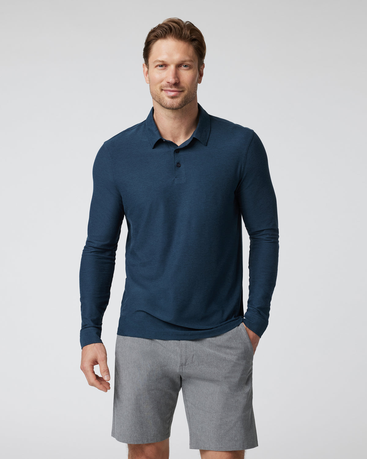 Long Sleeve Strato Tech Polo Navy Heather Blue Polo | Vuori On sale