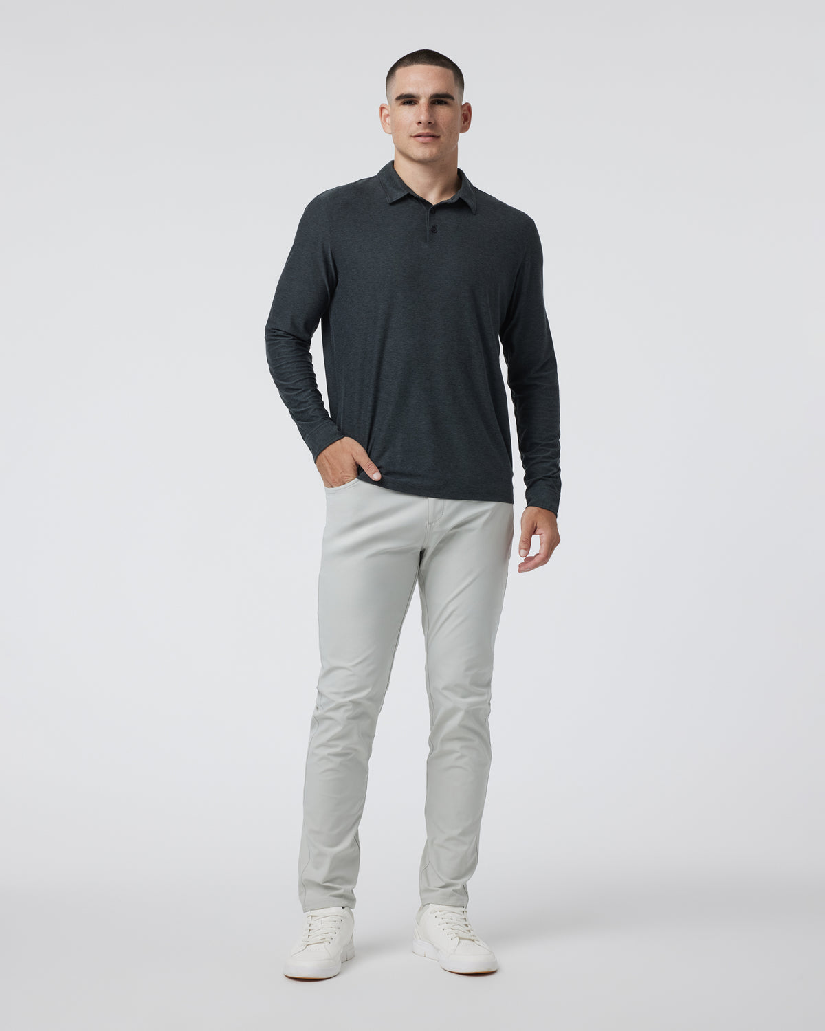 Long Sleeve Strato Tech Polo Charcoal Heather | Vuori Clothing