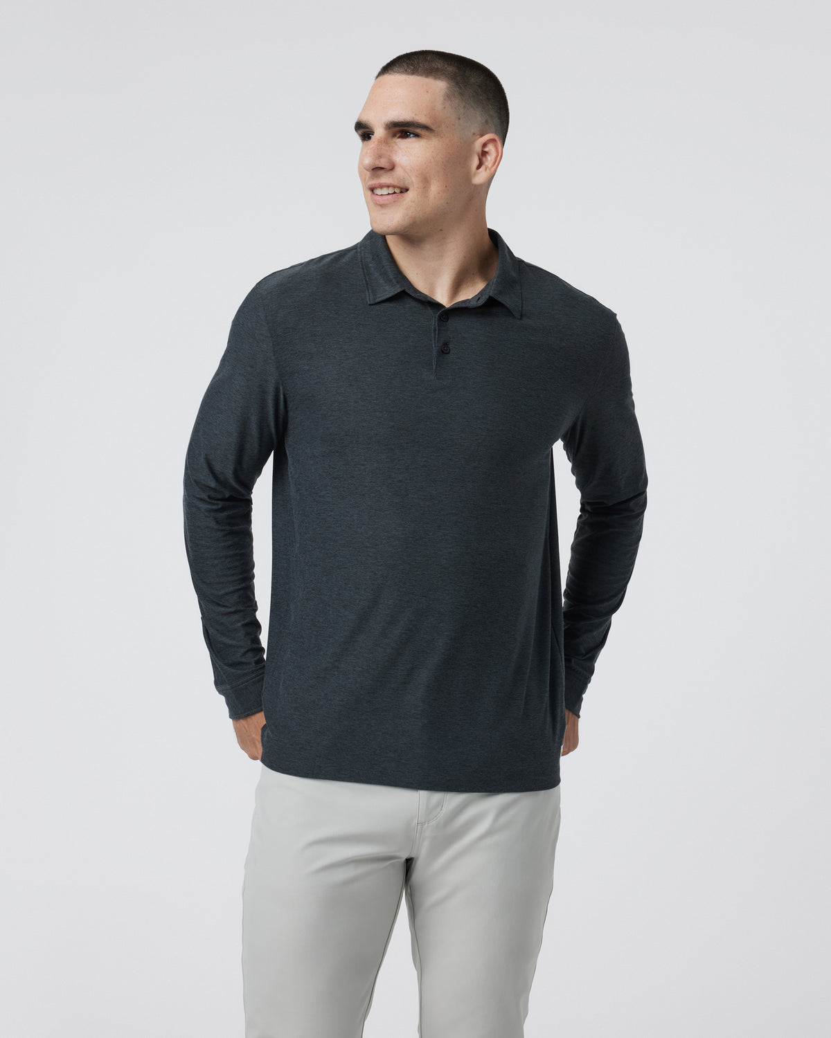 Long Sleeve Strato Tech Polo Charcoal Heather | Vuori Clothing