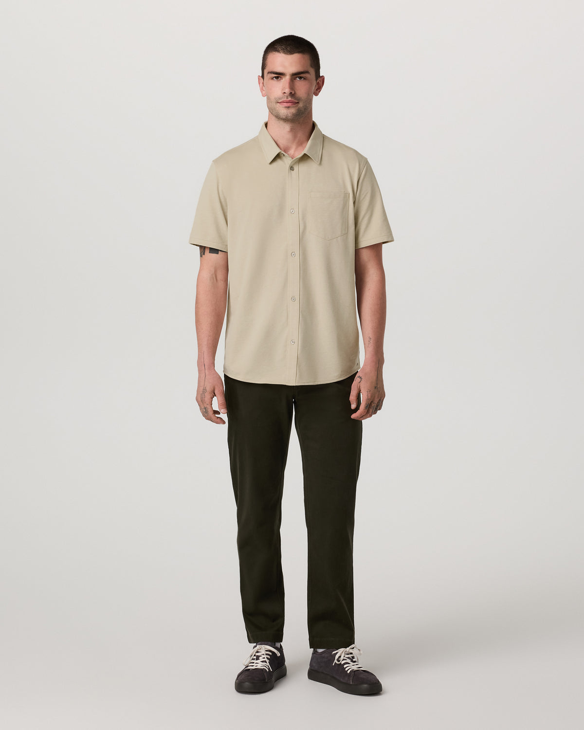 Short Sleeve Knit Oxford Button Down - Classic Fit Trench | Vuori Clothing