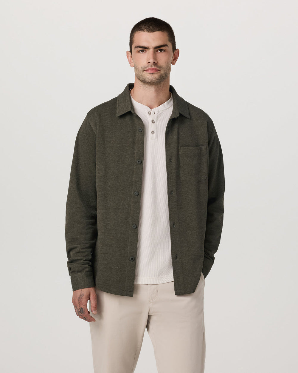 Jeffreys Overshirt Men's Olive Heather Button-Up Shirt | Vuori Online