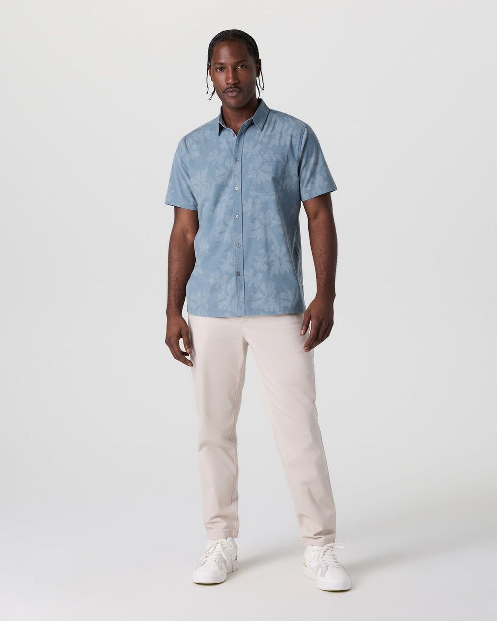 Short Sleeve Bridge Button Down Dusty Blue Plumeria | Vuori Clothing